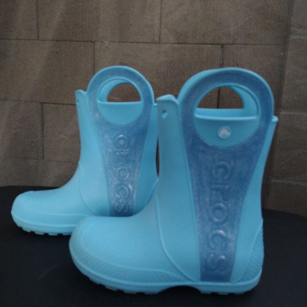 Crocs Handle It Rain Lightweight Boots Kids Size 2 Baby Blue Glitter